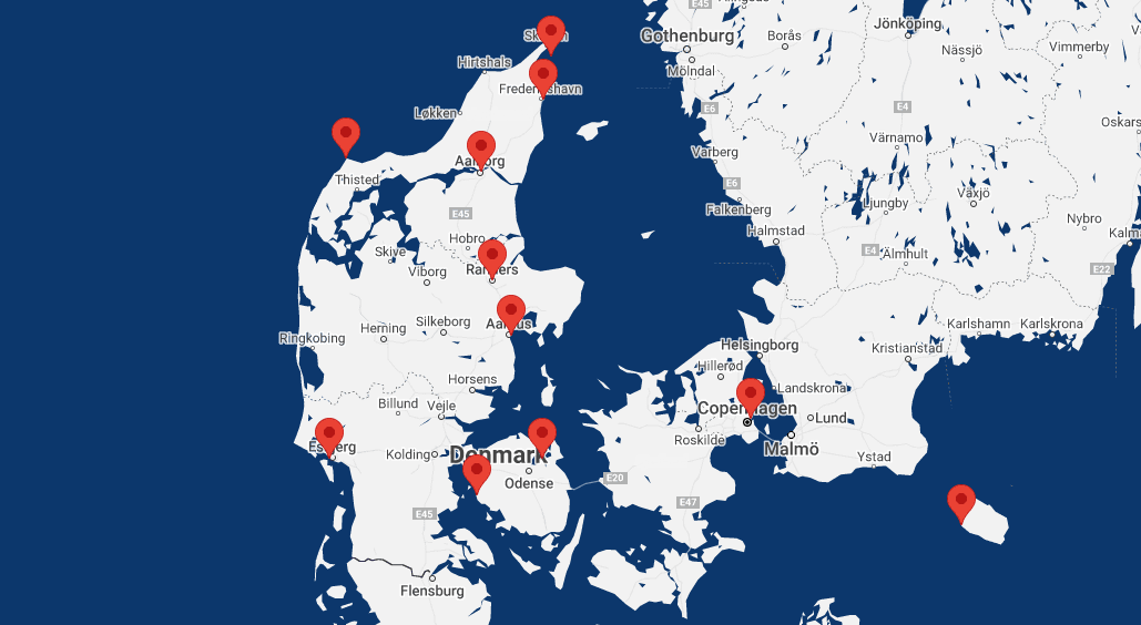 A map which shows the ports covered by Danish P&I